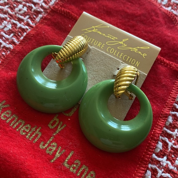 Kenneth Jay Lane Green Gold gold plated drop Hoop Earrings - Picture 5 of 5